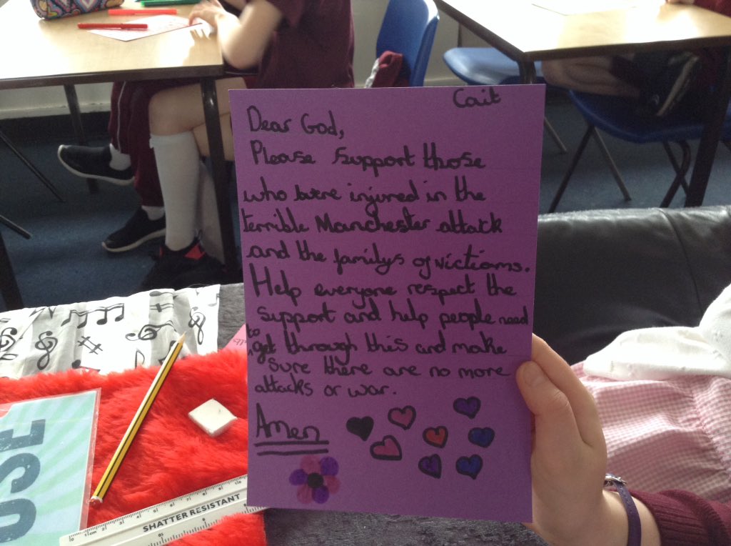 rudstony6's tweet photo. The children had many questions about the heartbreaking incident in Manchester, so we wanted to offer up these prayers #CollectiveReflection https://t.co/ecWpUmgHpt