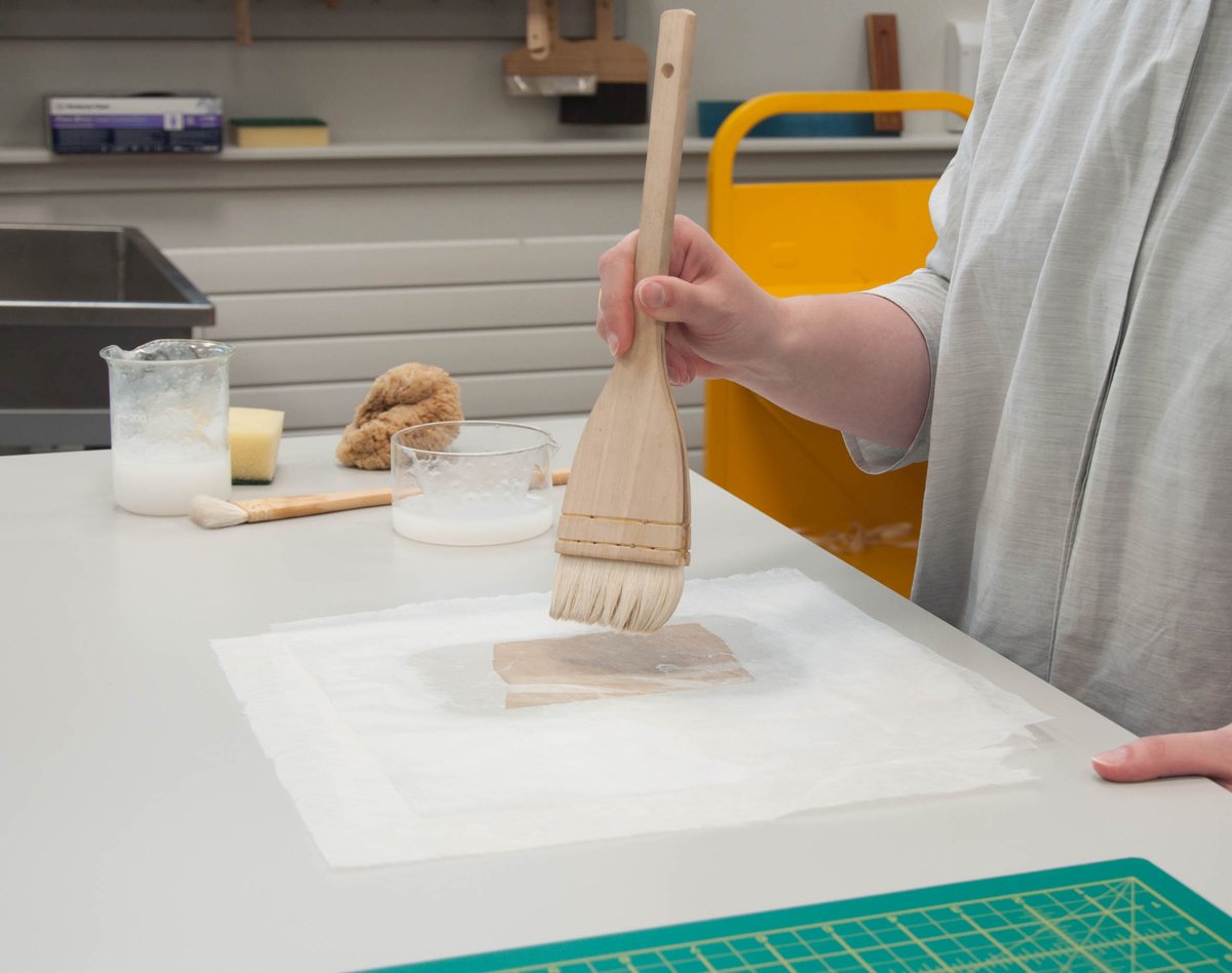 UofGlasgowASC's tweet photo. Lovely working with #CTCTAH UoG textile student conservator to conserve paper elements in this fine bonnet! #conservationkeyhole https://t.co/b8uFspJkv0