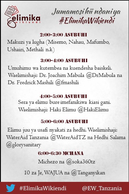 ElimikaWikiendi's tweet photo. Jumamosi hii (27/05) ndani ya #ElimikaWikiendi. Elimu makini na;
@DrMabula
@fmashili
@HakiElimu
@WaterAidTZ
@glorysanitary na @Tanganyikan https://t.co/nEdmvBi2mM