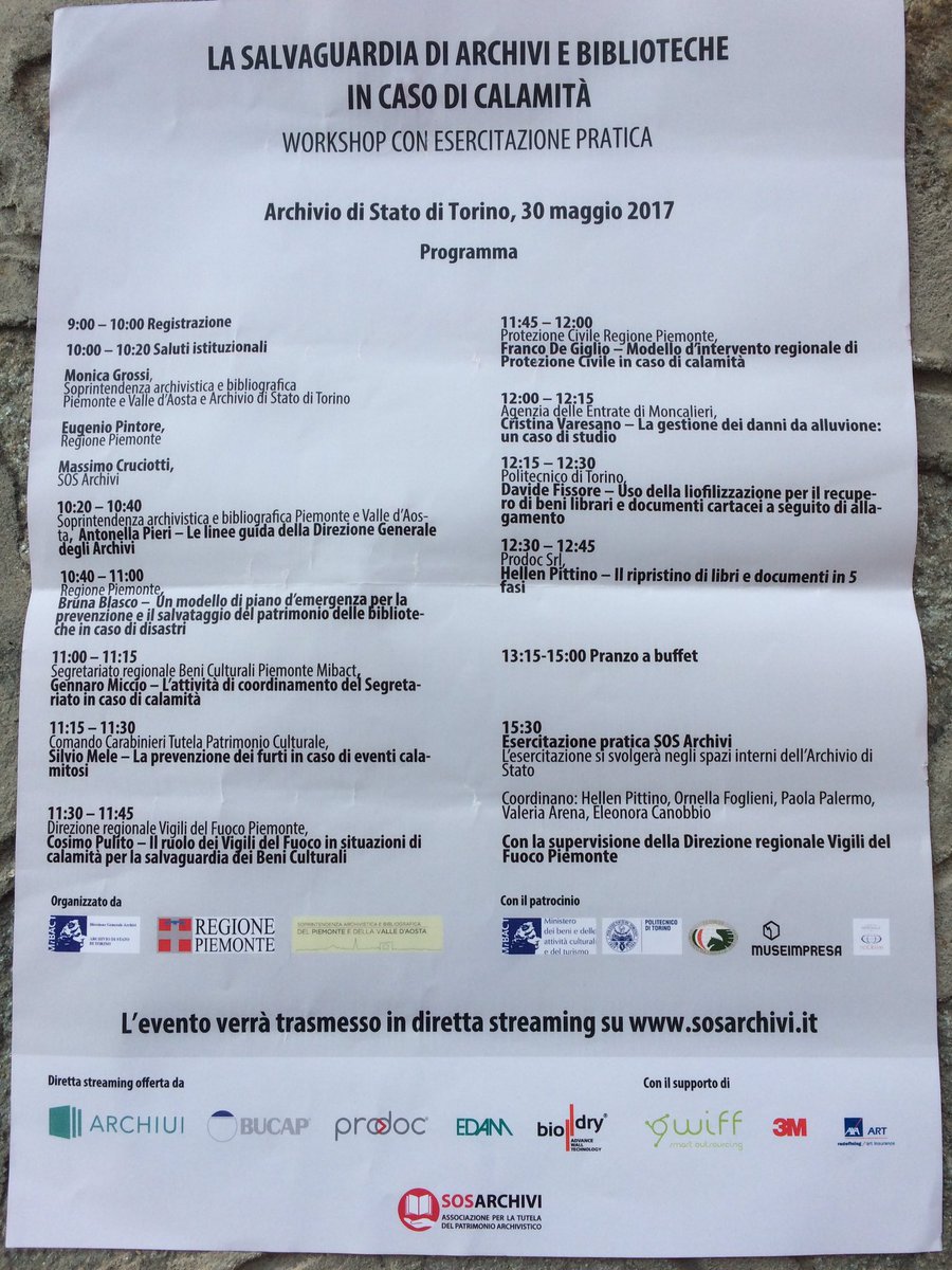 mondoame's tweet photo. Workshop dedicato alla salvaguardia di #archivi e #biblioteche in caso di #calamità il 30 maggio in @ArchivioStatoTo. #segnalando https://t.co/XLLsxpHUK9