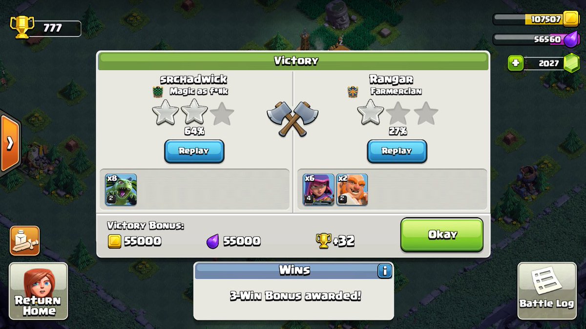 ChiefChadders's tweet photo. Yo @ClashofClans the rewards aren't correct. I should have won 40k for the win + 55k 3-win but only 56k in my store! https://t.co/XrRuedK6e9