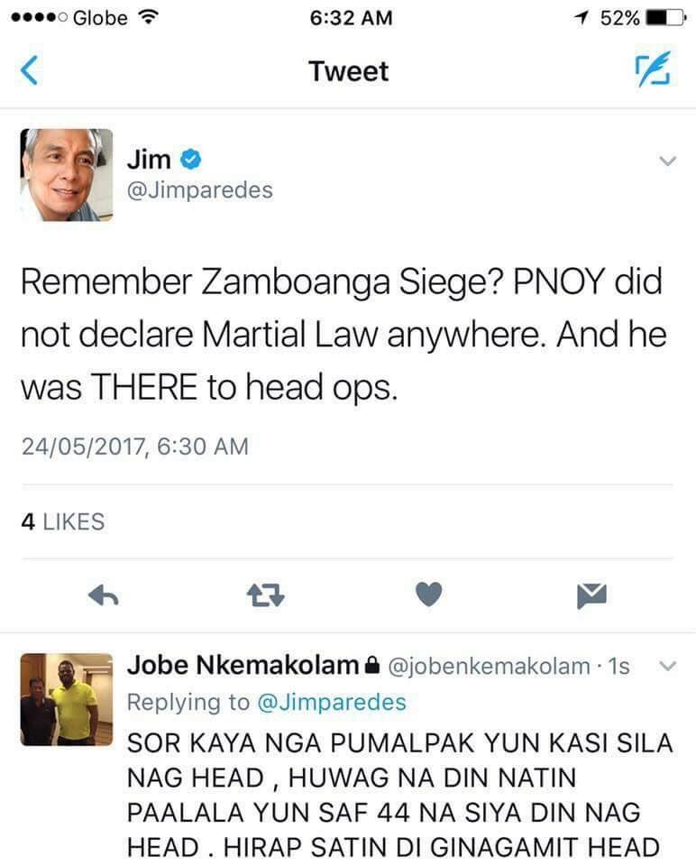 iammazemzing's tweet photo. Your a big disgrace as a Filipino.wala ka namang naiitulong para sa kapayapaan puro ka pa satsat. Ikaw kaya pumunta ng marawi @Jimparedes https://t.co/PVt0Shyndl