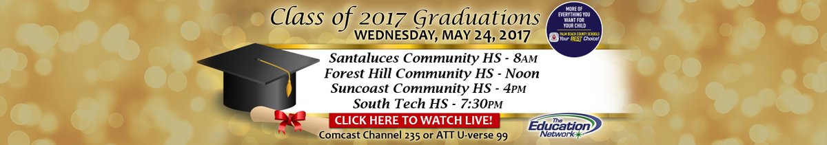 pbcsd's tweet photo. Rise and shine! Today's graduations: @SantalucesHS, @FHH_FalconFury, @SuncoastHighFL & @SouthTechFL. Watch LIVE: https://t.co/p8jIUsa8uh. https://t.co/Y2QN10QNLK