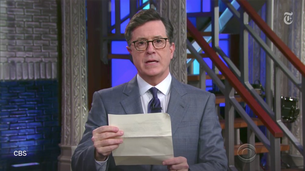 nytimes's tweet photo. "Please give up this harmful addiction." Stephen Colbert joins Trump's Twitter "intervention." Late-night roundup: https://t.co/jZQy0f63aH https://t.co/DmhXOCP0TR