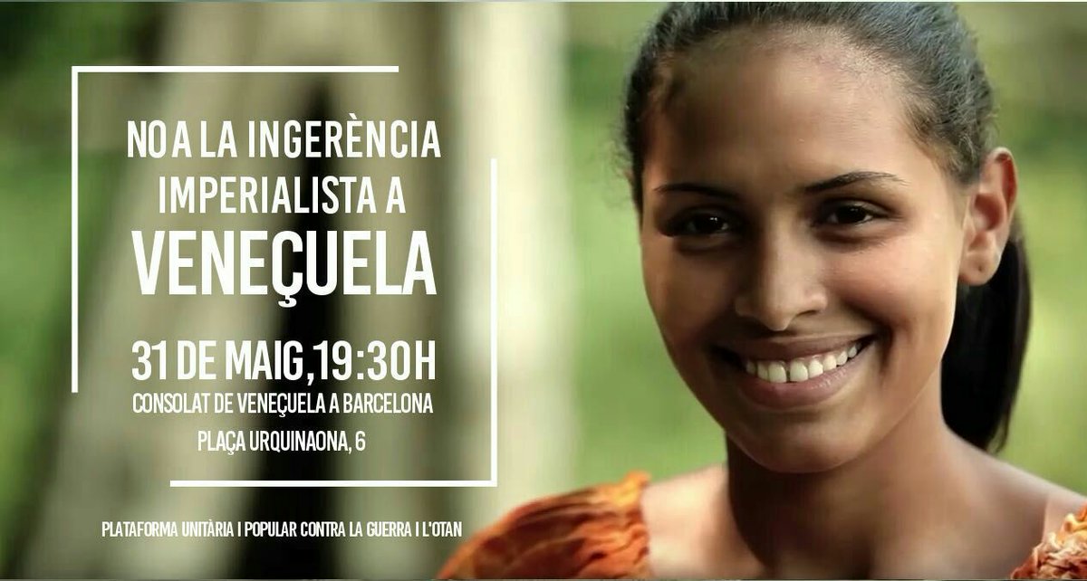 CUPBarcelona's tweet photo. Dijous 31 de maig concentració contra la ingerència imperialista a Veneçuela.

#veneçuelanoestoca
#solidaritatambveneçuela https://t.co/i8RxSBal6w