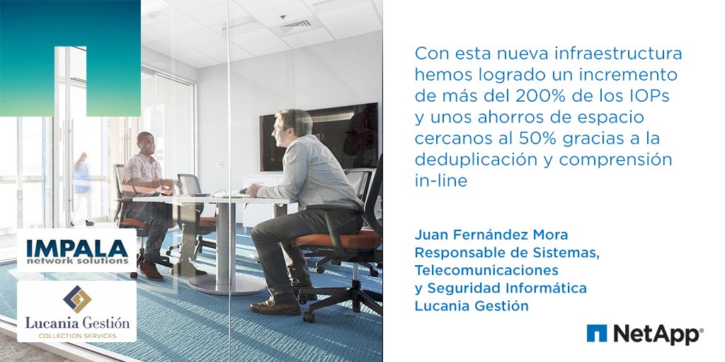 NetApp_es's tweet photo. Desde Lucania Gestión nos cuentan cómo han conseguido reducir espacio gracias a @IMPALA_Network y NetApp #NetAppAFF https://t.co/C4eFLE66wp https://t.co/u2pcV1Weql