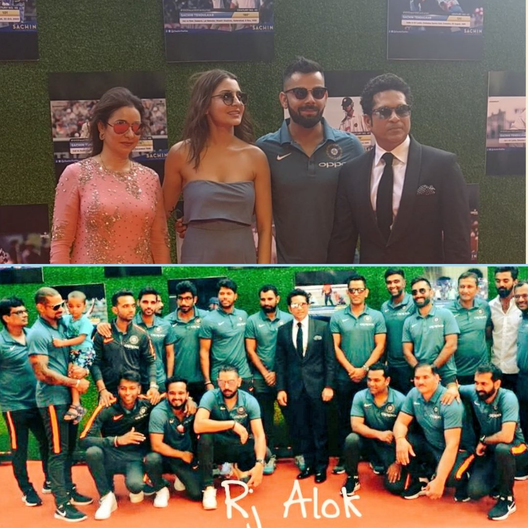OYERJALOK's tweet photo. Here @AnushkaSharma @imVkohli with @sachin_rt #SachinABillionDreams premiere in Mumbai with Indian cricket team  #RjAlok https://t.co/qWBbgyGHeO