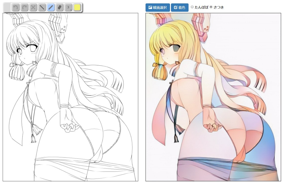 #PaintsChaine の自動着色で,手持ちの線画の中で比較的うまくいったもの.最後のが人力で塗ったもの.多分顔認識を起点にしているようで,片目の画などで顔を見失うと出鱈目な配色になった 