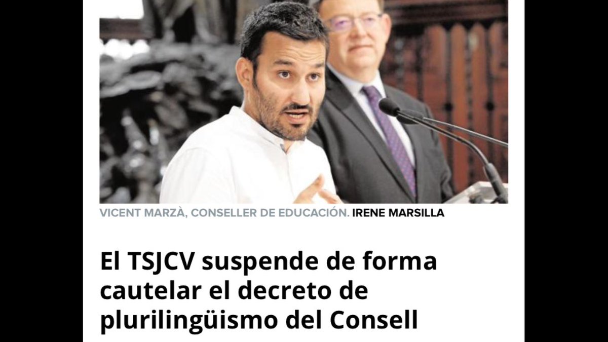 Tonicanto1's tweet photo. Varapalos a la política del tripartito valenciano:El TSJCV suspende su decreto de plurilingüismo y la denuncia de Oltra contra la concertada https://t.co/ZOYOhHkFzl