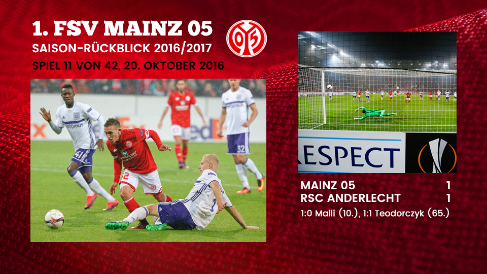 1FSVMainz05's tweet photo. Punkt gegen @rscanderlecht! #05erSaison, Teil 1⃣1⃣ von 4⃣2⃣ #Europakapp https://t.co/Tca18uztn2