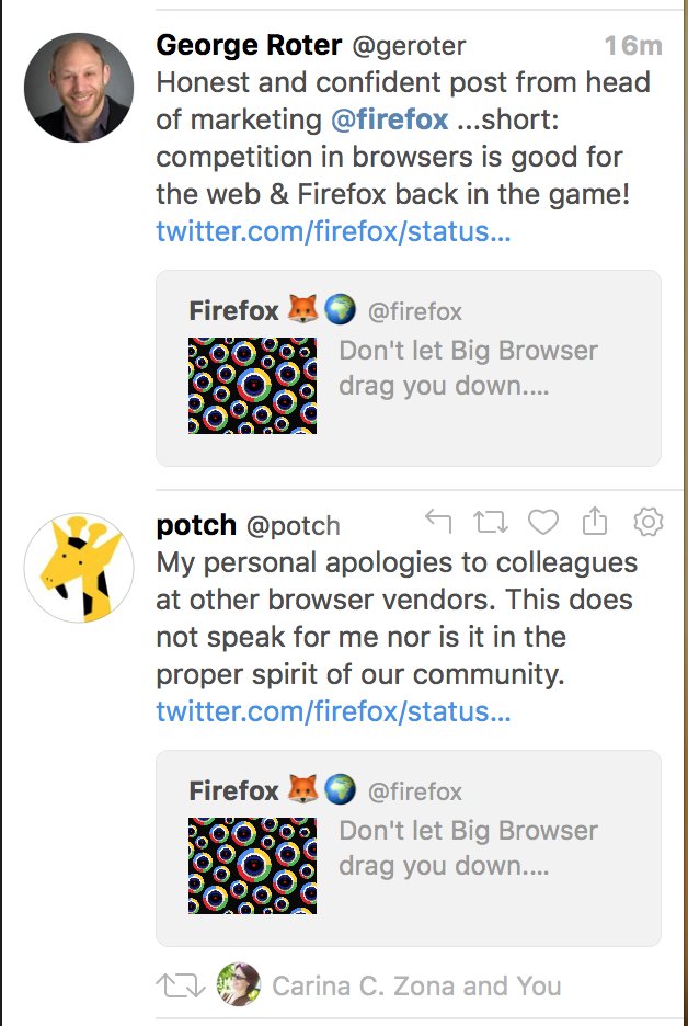 Screenshot of tweets by: George Roter (Head of Participation Mozilla) positively pushing a controversial blog post by Head of Marketing Firefox, while right below it Potch (Developer Advocate) apologises for it.