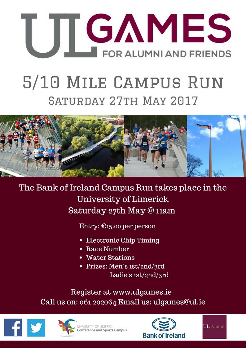 UL_Games's tweet photo. The 5 &amp; 10 mile campus run will commence from @UL Boathouse at 11am Saturday 27th May! - sign up at https://t.co/jyeC2TvW1M #ULGames https://t.co/LJ0R02I3De