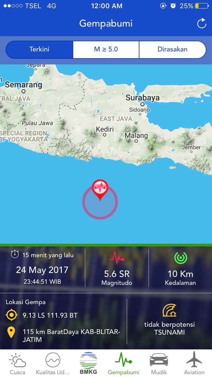Info #Gempa Mag:5.6 SR, 24-May-17 23:44:51 WIB, Lok:9.13 LS,111.93 BT (115 km BaratDaya KAB-BLITAR-JATIM), Kedlmn:10 Km #BMKG