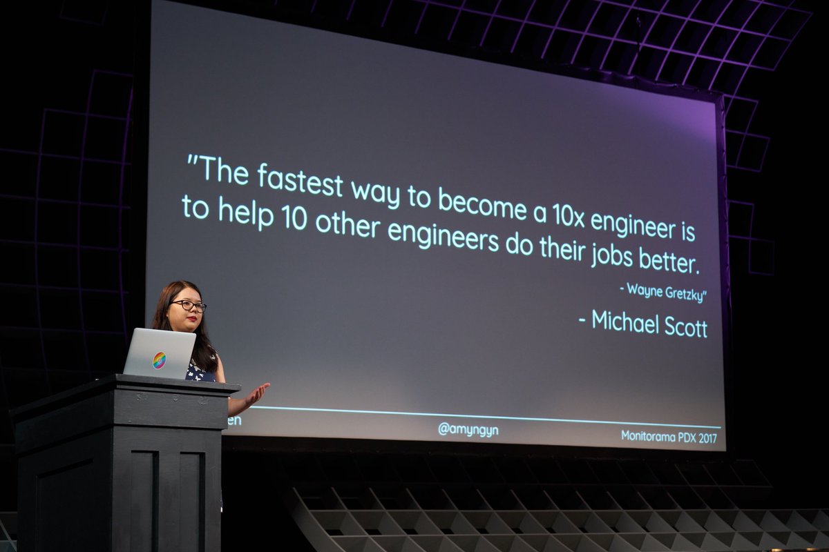 acedrew's tweet photo. The fastest way to be a 10x engineer is help 10 engineers do their job better - W Gretzky - Michael Scott - @amyngyn #monitorama2017 https://t.co/e0fEPc2wtX