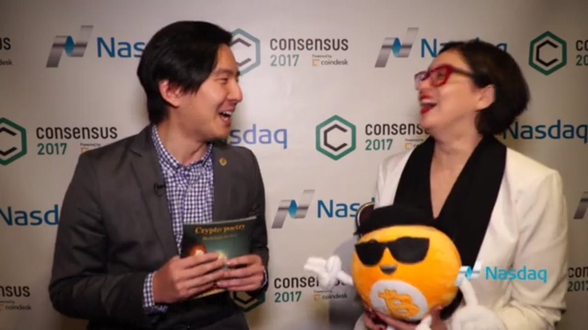 askSamLee's tweet photo. @webanna #Nasdaq interview at #Consensus2017. Education via first kids book for the #blockchain industry! #bitcoinselfie #blockchainforjess https://t.co/ullc4VUjME
