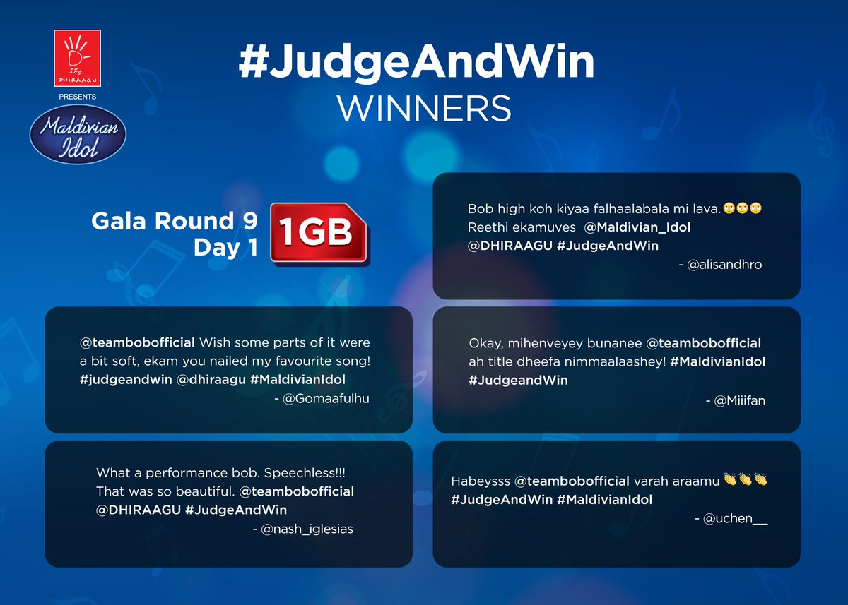Dhiraagu's tweet photo. Congratulations @alisandhro,@Gomaafulhu, @Miiifan, @nash_iglesias, @uchen__! Winners of 1GB Mobile Data #JudgeAndWin Grand Finale, Day 1 https://t.co/9BSeUh1i99