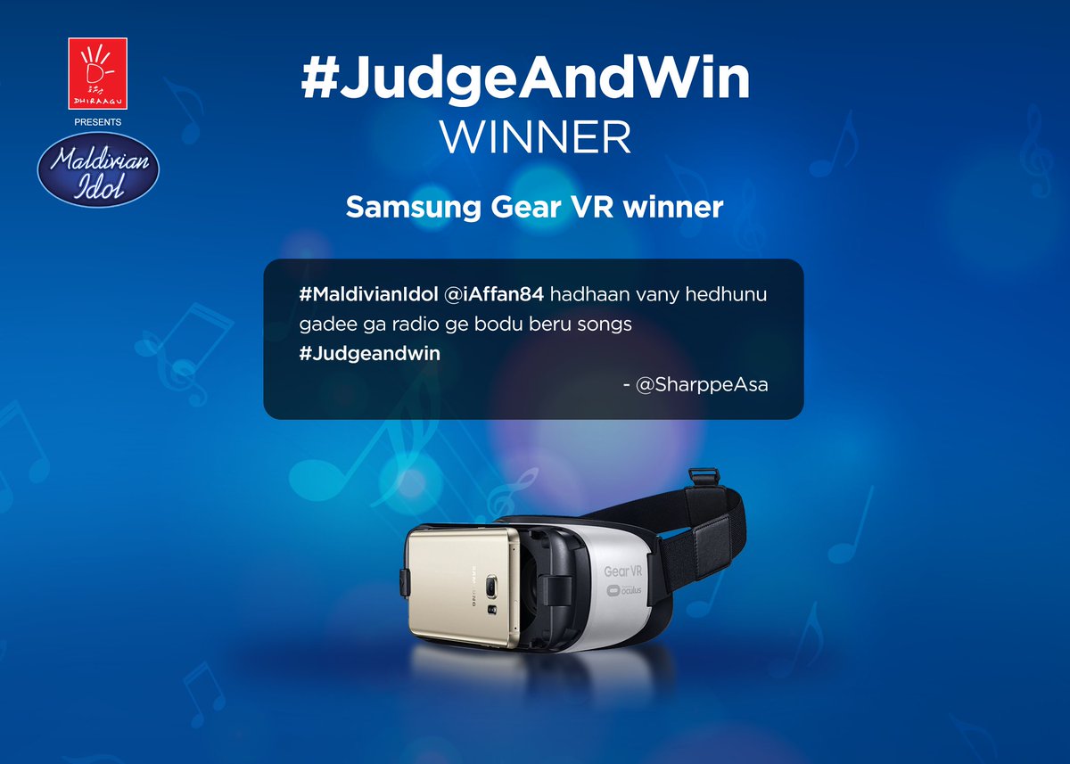 Dhiraagu's tweet photo. Congratulations @SharppeAsaa! Winner of Samsung Gear VR #JudgeAndWin Grand Finale round. https://t.co/p5wzNUsyPE