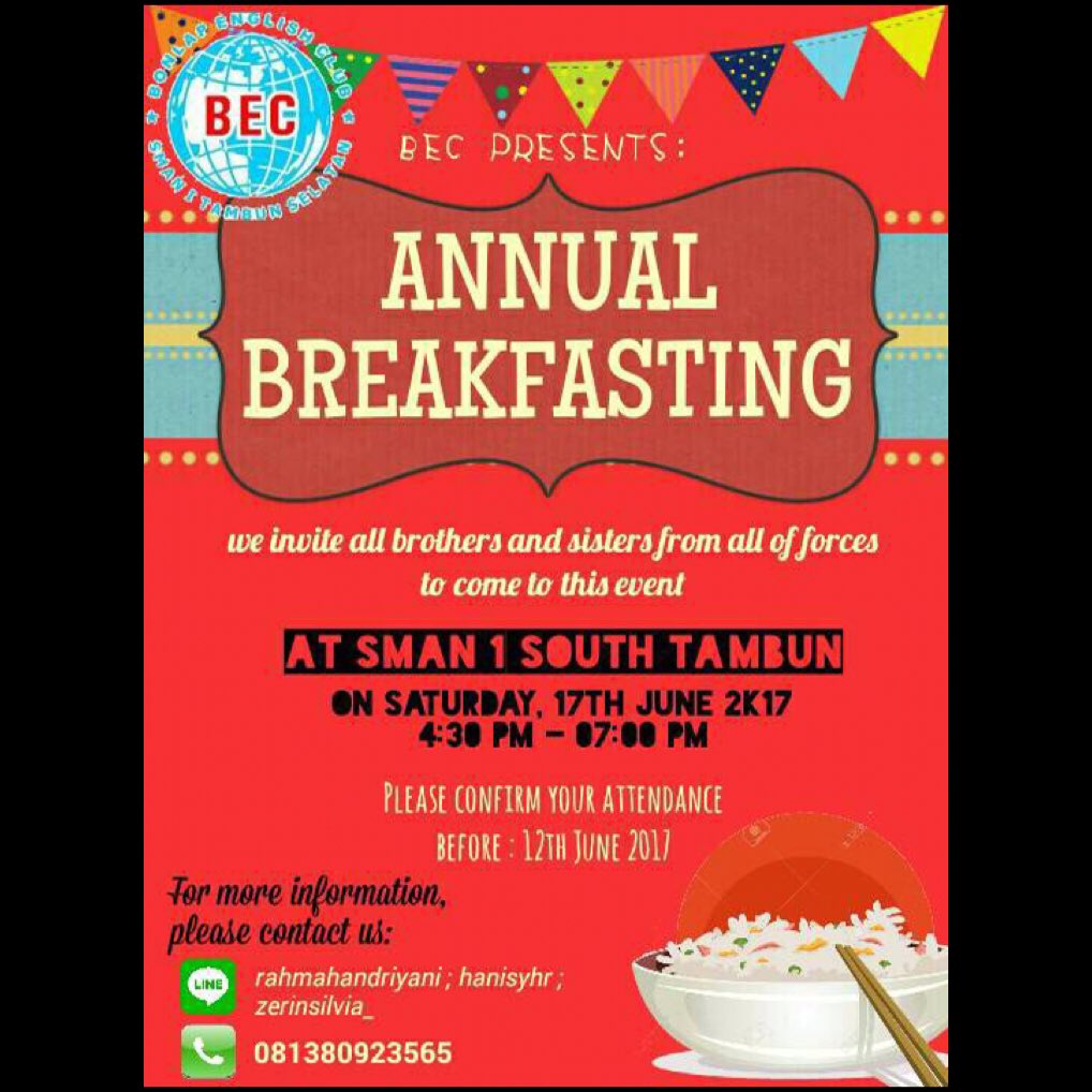 that will be held:
at SMAN 1 TAMBUN SELATAN
on June 17th.
for further info, reach out to the contacts listed👆👆
RSVP is appreciated. 🎉🎉🎉🎉