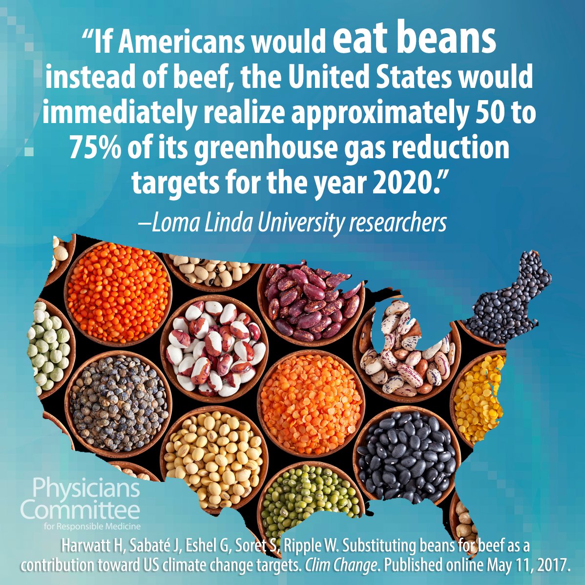 PCRM's tweet image. A new study finds that swapping beef for beans can help the U.S. reach targeted greenhouse gas emission reductions! goo.gl/fMmEz0