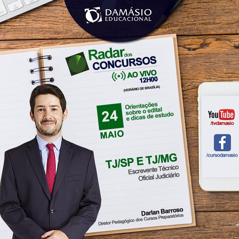 cursodamasio's tweet photo. Daqui a pouco, ao vivo às 12h! #RadardosConcursos 
Prof. @darlanbarroso dá dicas para o concurso do TJSP e TJMG.
Assista: Youtube e Facebook https://t.co/sBqCjYqVXT