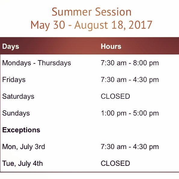 UWW_Library's tweet photo. Summer hours start Tuesday, May 30! #uww #andersenlibrary https://t.co/RSytpecwVu