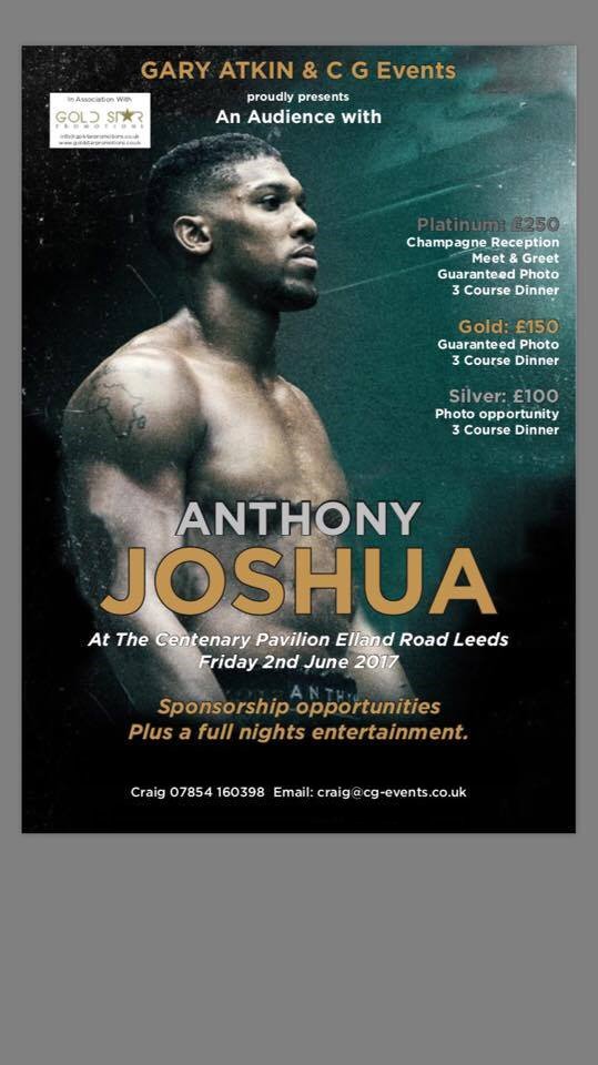 CG_Events's tweet image. Would like to announce @VGCasino as Main Event Sponsor for @anthonyfjoshua evening at Elland Road, Leeds 2/6/17. This is going to be huge!