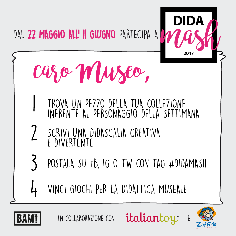 BAMstracult's tweet photo. Per 3 settimane invitiamo voi, che nei musei ci lavorate,a giocare con #Didamash per vincere i premi di Italiantoy! https://t.co/v4cqPXS2tM https://t.co/WVFJlu4rVe