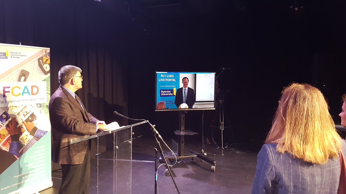 TorontoMet's tweet photo. Reaching out across the ocean. @CharlesFalzon1 kicks off the #portalproject partnership between @RyersonFCAD and @LSBU. https://t.co/AtnsuQJnWN