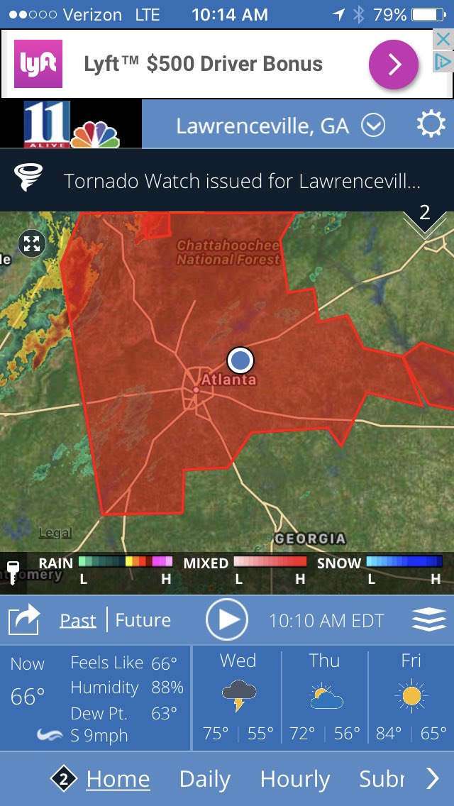 Tornado watch for north Georgia including Atlanta and Athens until 6pm.