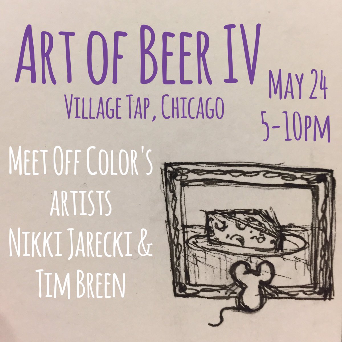 OffcolorBrewing's tweet photo. #CCBW Night 7 brings us to the @VillageTap w our artists Nikki &amp; Tim. ➕ @3floyds @HopButcher @solemnoathbeer @BegyleBrewing @TightHeadBrew https://t.co/0szY8jvc9x