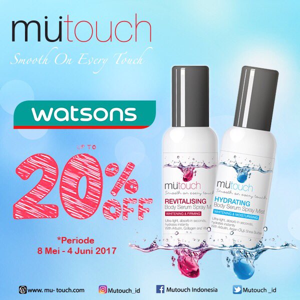 mutouch_id's tweet photo. Khusus pembelian Body Serum Spray Mutouch mendapatkan diskon 20% di @WatsonsIndo yaah =] Periode promo:8 mei - 4 juni 2017 #PromoMutouch https://t.co/a9ZXRWrE9v
