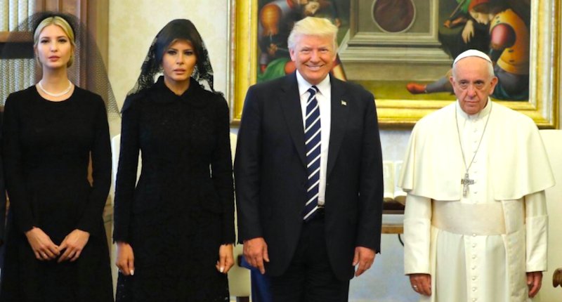 BuffSportsHaiku's tweet photo. Pope loves EVERYONE
But standing next to Trump clan
He makes exceptions

#Haiku https://t.co/TYMikWdYl1