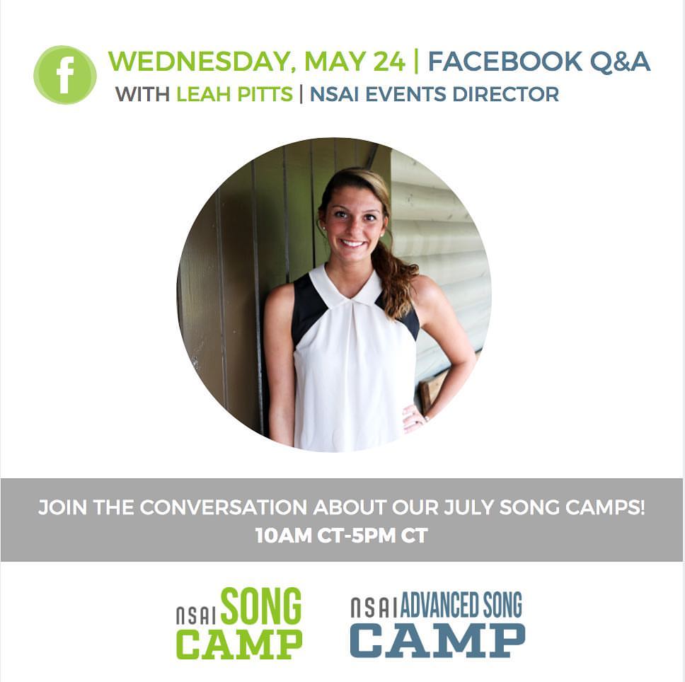 NSAIofficial's tweet photo. Ask our Events Director, Leah Pitts all your Q's about #nsaisongcamp &amp; #nsaiadvancedcamp now on our FB page! https://t.co/c4NU70SRru https://t.co/rWSdqLhEx5