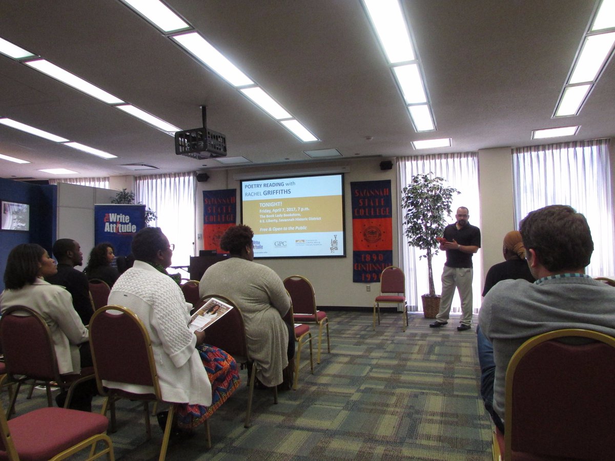 WriteSSU's tweet photo. Poet Rachel Griffiths shares her knowledge & amazing work w/ @savannahstate family. #SSUSpring2017 #QEPWritingMemories #WriteSSU https://t.co/j6WDhz5Rhf