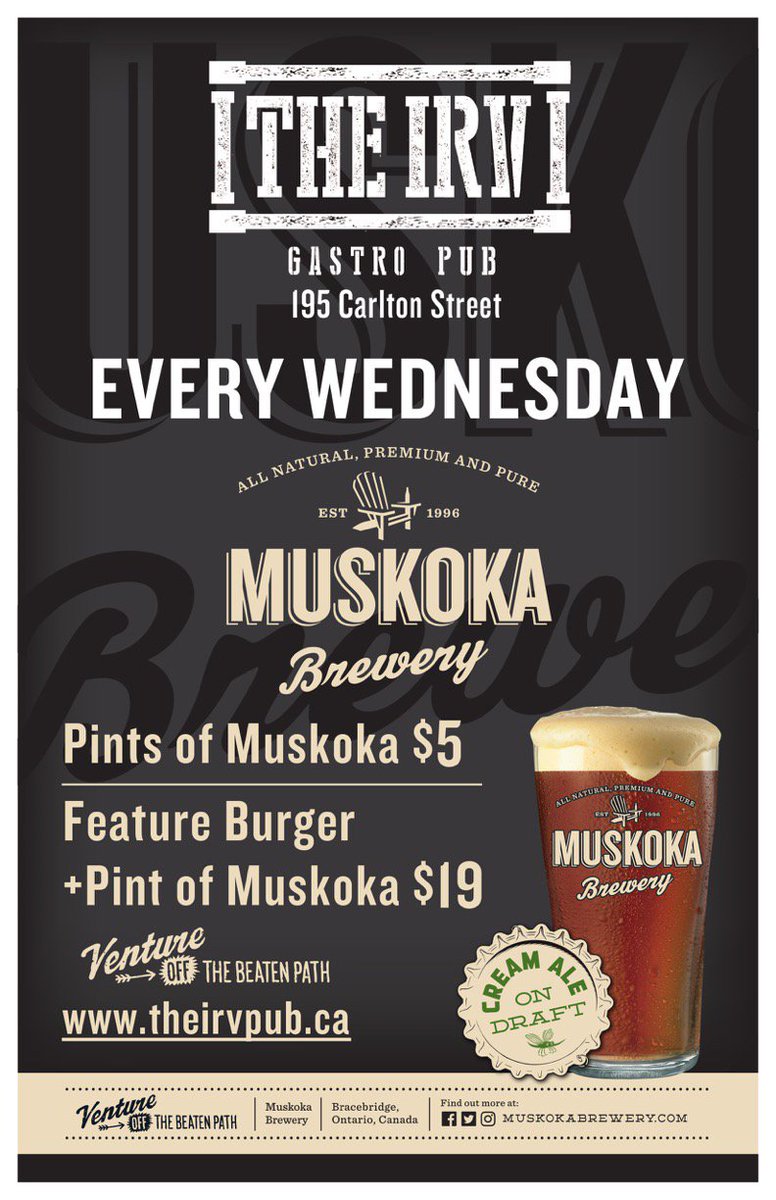 theirvpub's tweet photo. It is burger day and @MuskokaBrewery $5 pints. What can make a Wednesday better than being at #theirv
#craftbeer #muskoka #PaulaRocks https://t.co/F9iu8Kj3Ge
