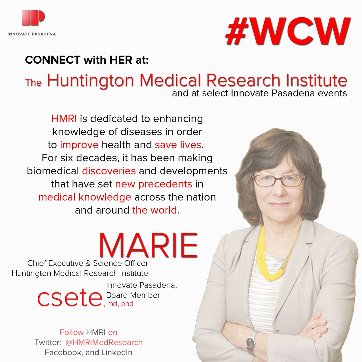Our #WCW shout out goes to Chief Exec Marie Csete, MD, PhD of <a href="/HMRIMedResearch/">HMRI</a>! Check out the #science at hmri.org! #pasadena