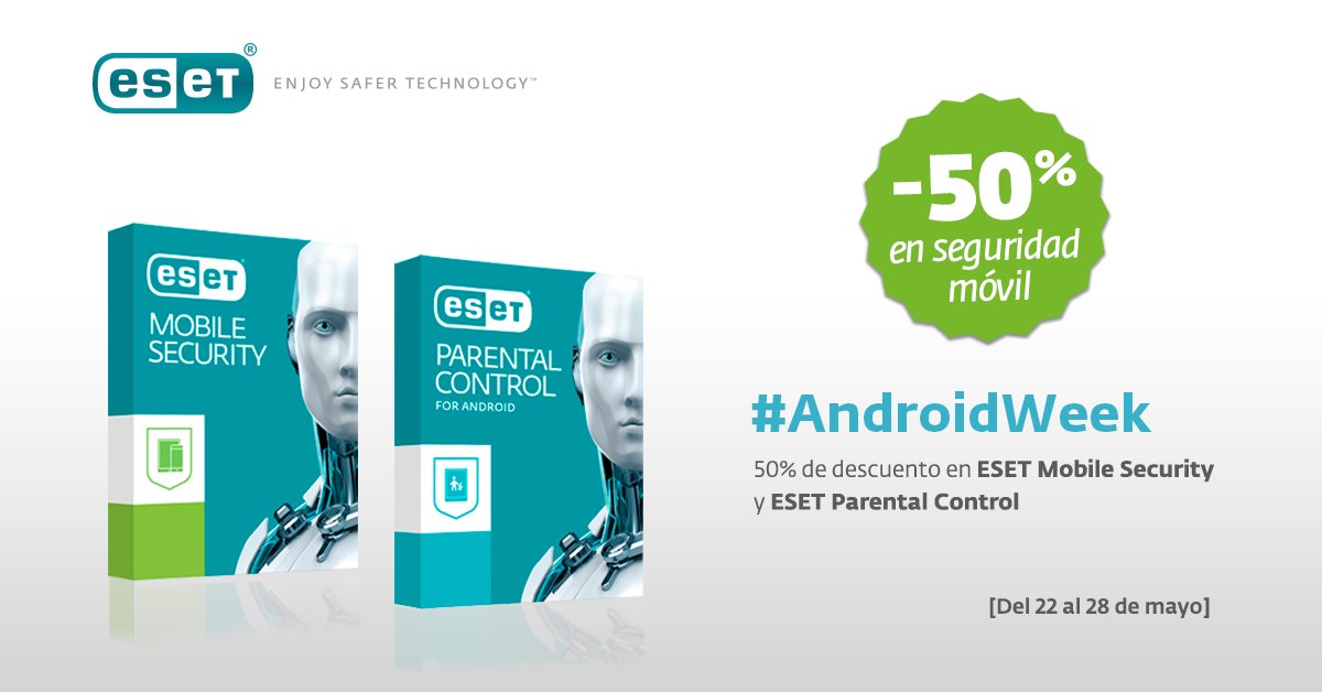 ESET_ES's tweet image. #AndroidWeek
50% de descuento en ESET Mobile Security y ESET Parental Control 
go.eset.es/andweek