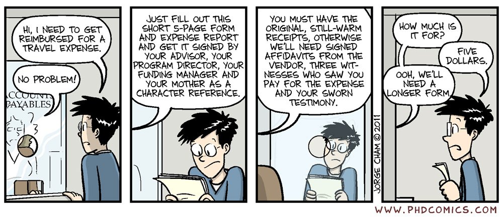 PHDcomics's tweet photo. How to get reimbursed for travel https://t.co/BSRlNTpbLG https://t.co/rplSsrBoYD