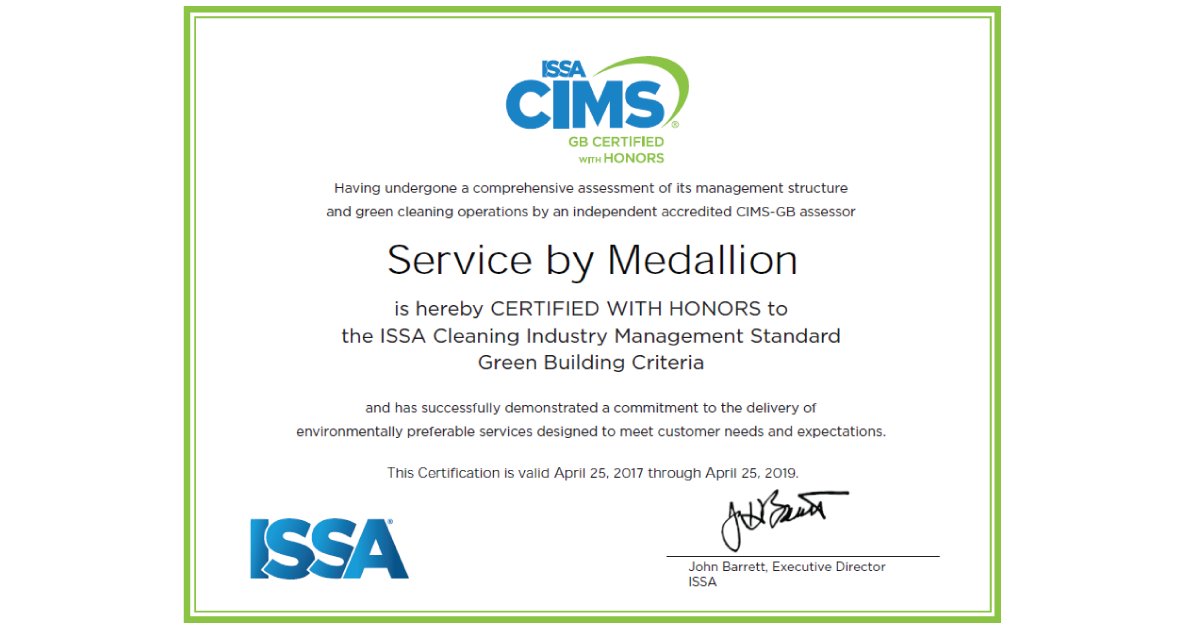 Medallion Re-certified to <a href="/ISSAworldwide/">ISSA</a> Cleaning Industry Management Standard Green Business (CIMS-GB) with Honors bit.ly/2rhUtuQ