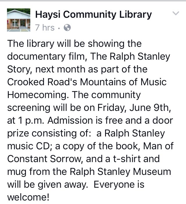 VAs_Baby1880's tweet photo. Free community screening of new film "The Ralph Stanley Story" at Haysi Library 6/9 @ 1pm #mtnsofmusic #VAsBaby https://t.co/xBiXVBdfWS