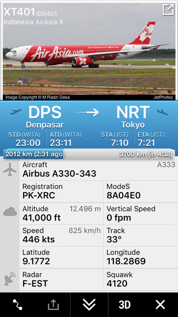 航空情報 Airplaneinformation On Twitter デンパサール発 東京 成田行き インドネシア エアアジアx Xt401便 チャーター便 到着予定時刻は7 21 推定