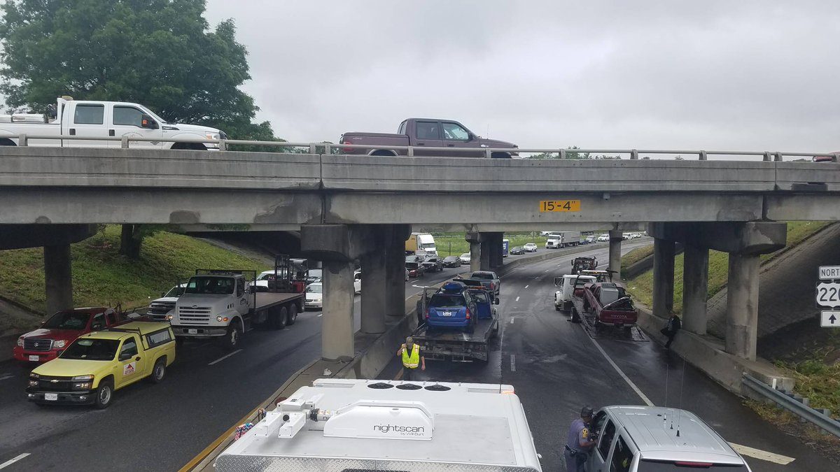 TVFD's tweet photo. Avoid the area of exit 150 if possible. An MVC blocking NB 220 has everything all jammed up, I-81 and Rt 11 included. https://t.co/oE2MJqt46m