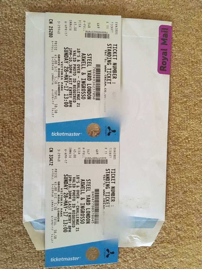 HannahM6974's tweet photo. Axwell &amp; ingrosso tickets for Sun 28th may. Bank holiday weekend in London.2tickets,paid £50.50 each. Open to offers https://t.co/28JK0VNXHg