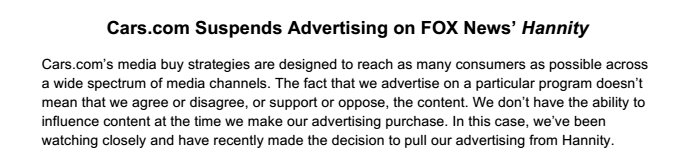 marygeorgant's tweet image. .@carsdotcom is suspending its advertising on Sean Hannity's Fox show