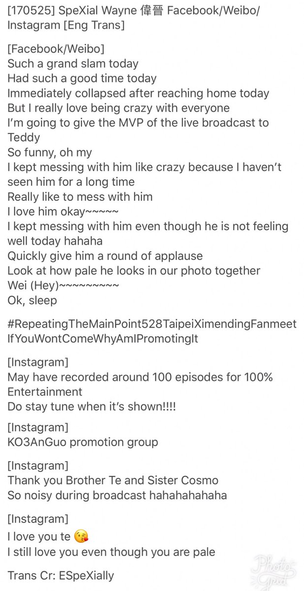 ESpeXially's tweet photo. [170525] SpeXial Wayne 偉晉 Facebook/Weibo/Instagram [Eng Trans]
#SpeXial #Wayne #偉晉 #ESpeXially https://t.co/Mv5JVoVNc4