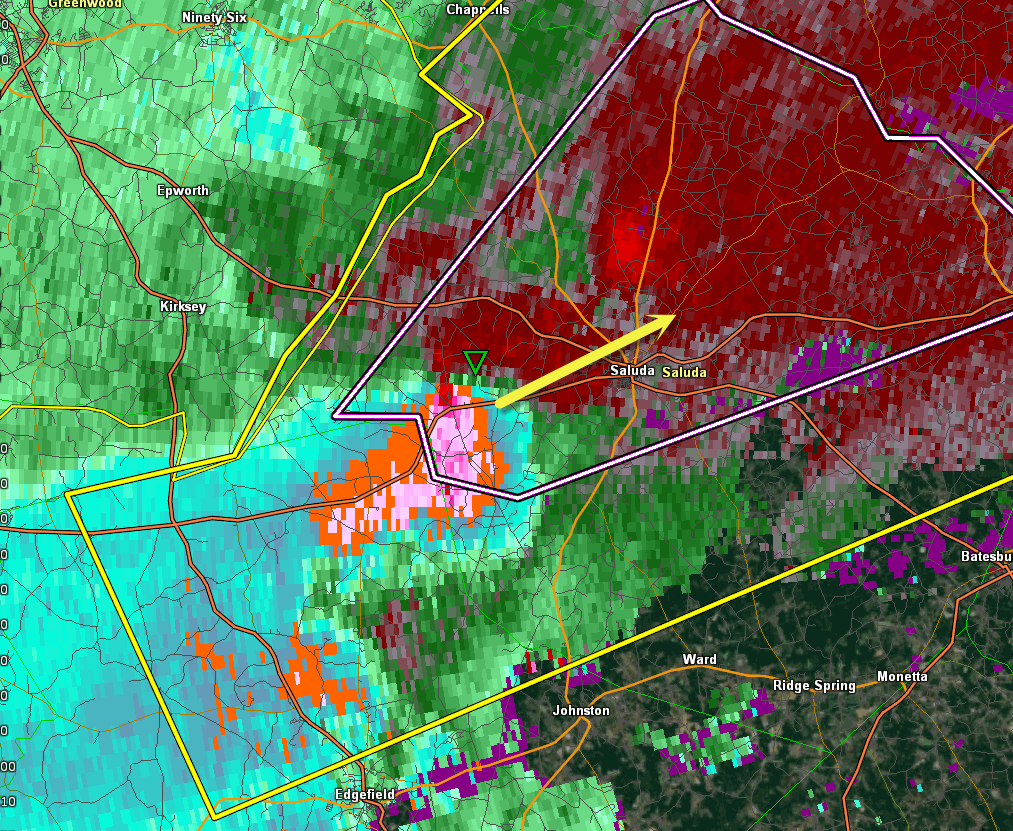 NWSColumbia's tweet photo. 2:45PM - Radar-Confirmed Tornado 5 miles west of Saluda moving NE at 50 mph. Take cover NOW! #scwx #caewx https://t.co/CwUfmGf5j6