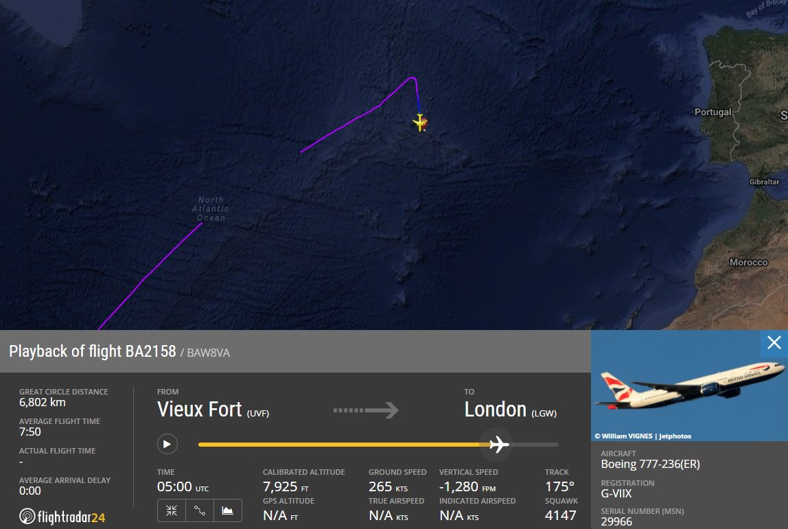 AirportWebcams's tweet photo. #BA2158 St Lucia-London Gatwick (777 G-VIIX) diverted to Lajes, Azores at 5am UTC today with a medical emergency on board. #avgeek https://t.co/928U93rPBY