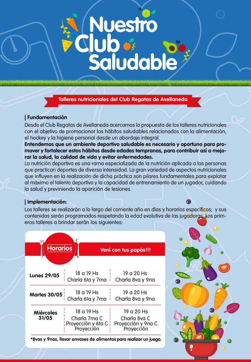 Regahockey's tweet photo. Les informamos los horarios de los Talleres de Nutrición que llevaremos a cabo la próxima semana. 
Los esperamos a todos! https://t.co/kspPDC0P9F