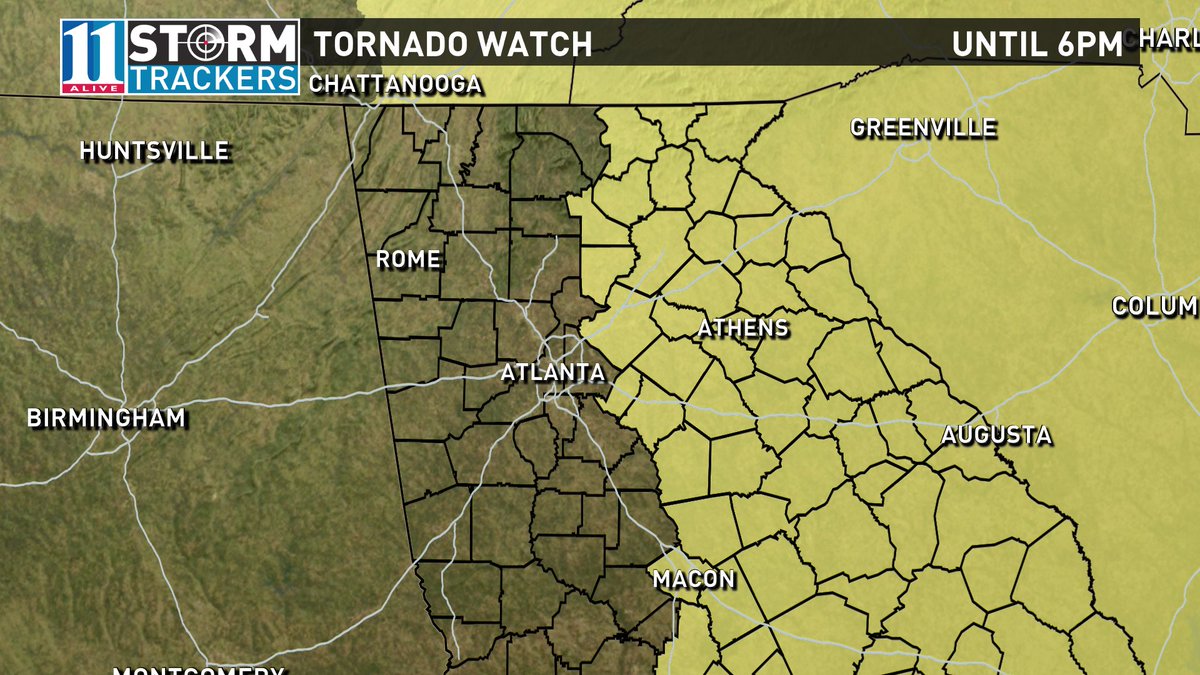 Tornado watch CANCELED for Atlanta westward. Watch still in effect east of Atlanta until 6pm. #11Alive