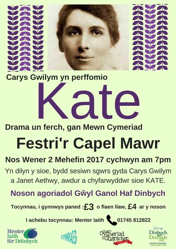 Bydd <a href="/CarysGwil/">Carys Gwilym</a> <a href="/MewnCymeriad/">Mewn Cymeriad</a> yn cyflwyno Kate Roberts ar noson agoriadol #GwylGanolHaf #Dinbych nos Wener 2 Mehefin. Dewch yn llu #yagym
